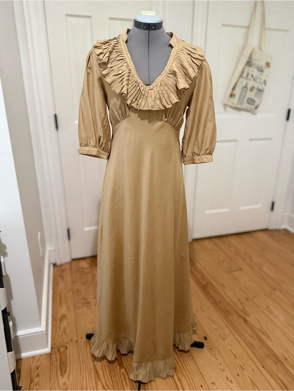 sundays Tan Ruffled V-Neck Maxi Dress